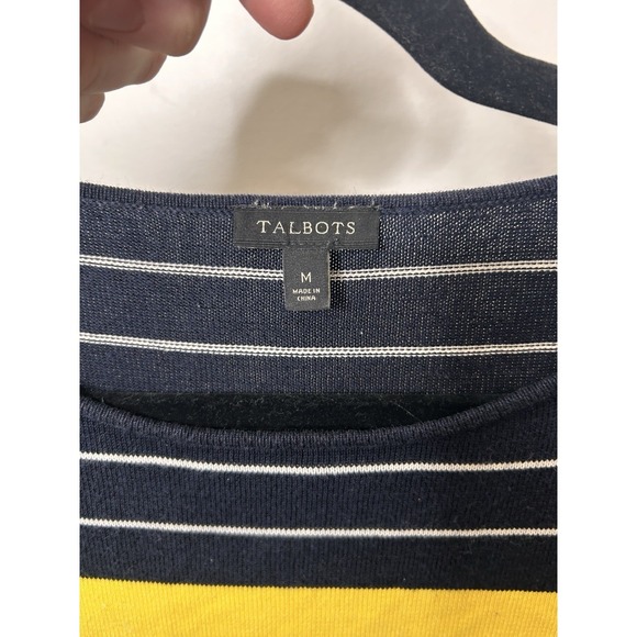 Talbots Navy Blue Yellow And White Striped 3/4 Sleeve Sweater Size Medium - Picture 9 of 9